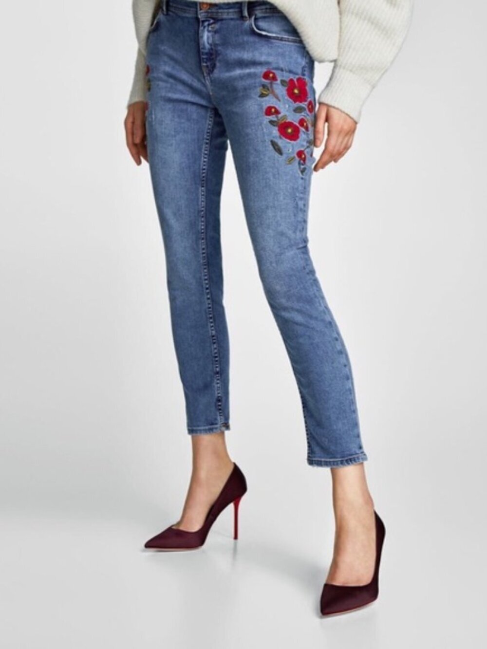 Zara Basic Floral Embroidered Distressed Skinny Ankle Jeans | Size 2